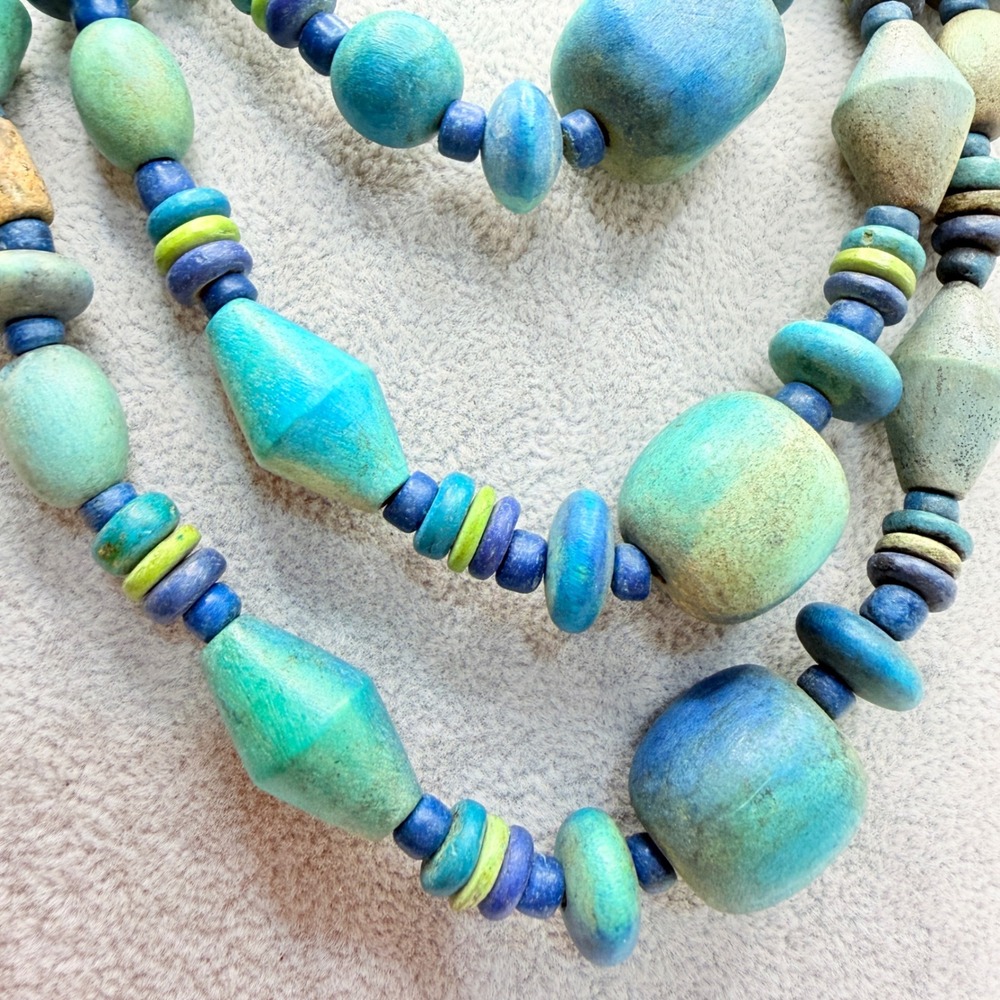 Vintage Multi Strand Wood Bead Necklace Blue Green Teal Boho Geometric Statement - Picture 5 of 16